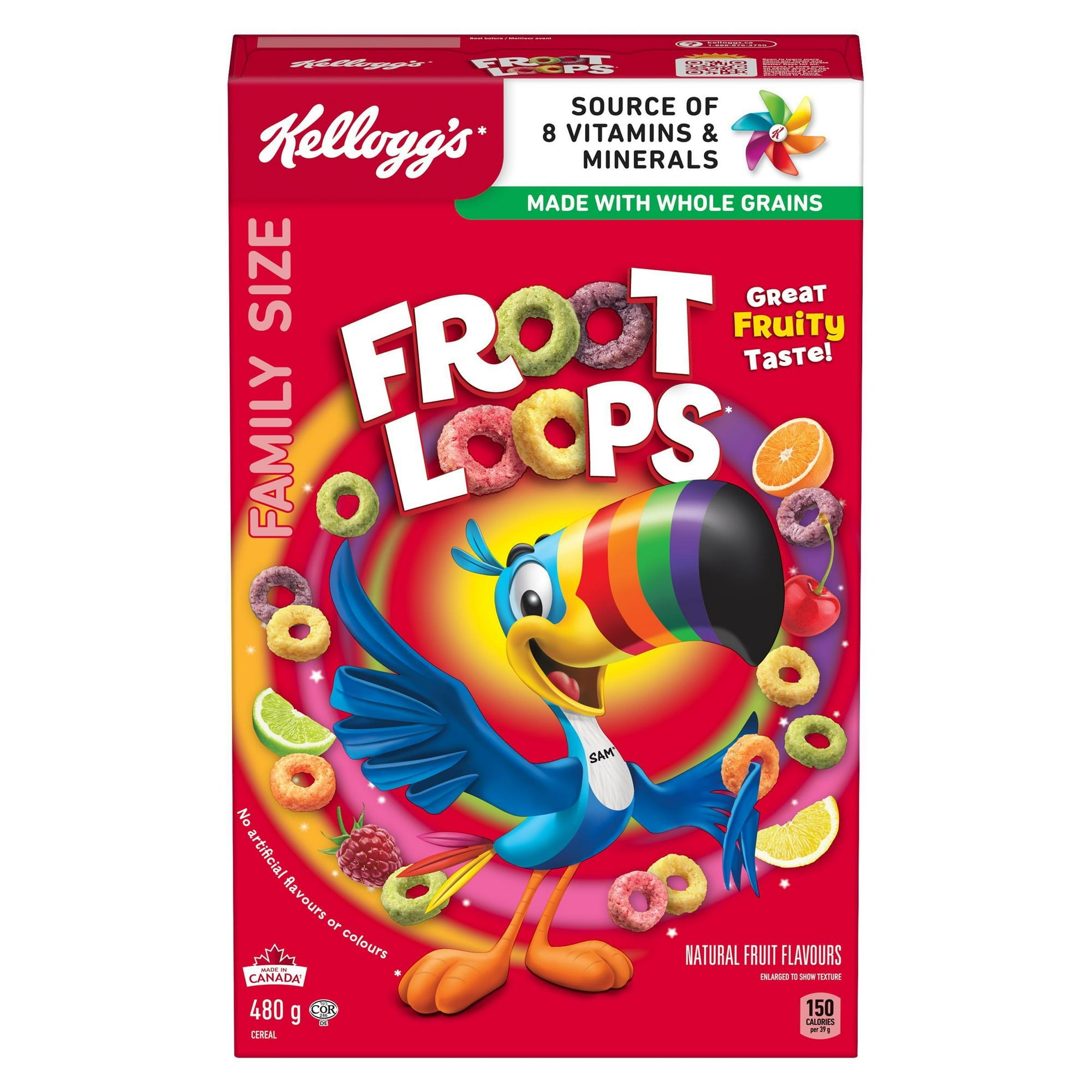 Front of Kellogg's Froot Loops Cereal, Family Size, 480g/1.06 lb., Box